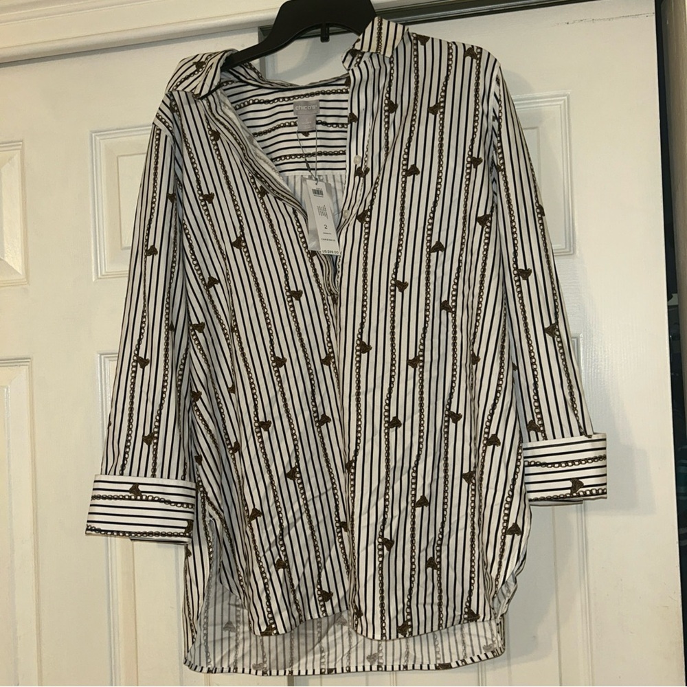 NEW CHICO'S Women's Cotton Long Sleeve Blouse Chain Pattern Multicolor Size 2-12